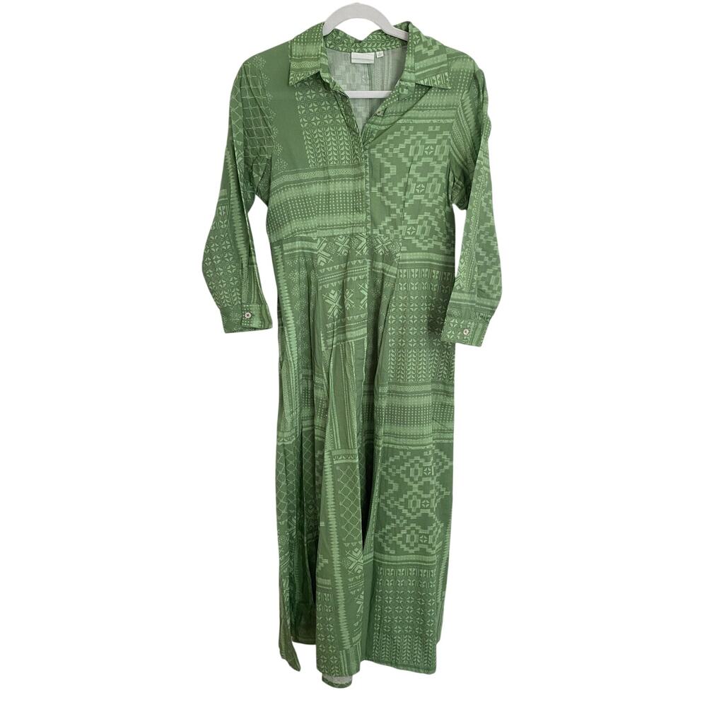 Julia India Amory JA Shirt Dress Summer Maxi Button Down Cotton Green Heritage S